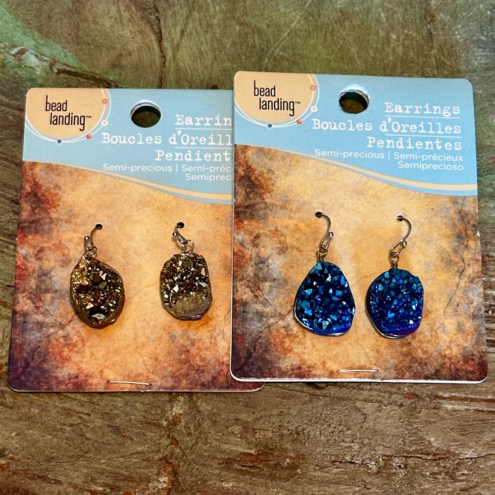 Druzy Drop Earrings - 2 pair, Blue & Gold